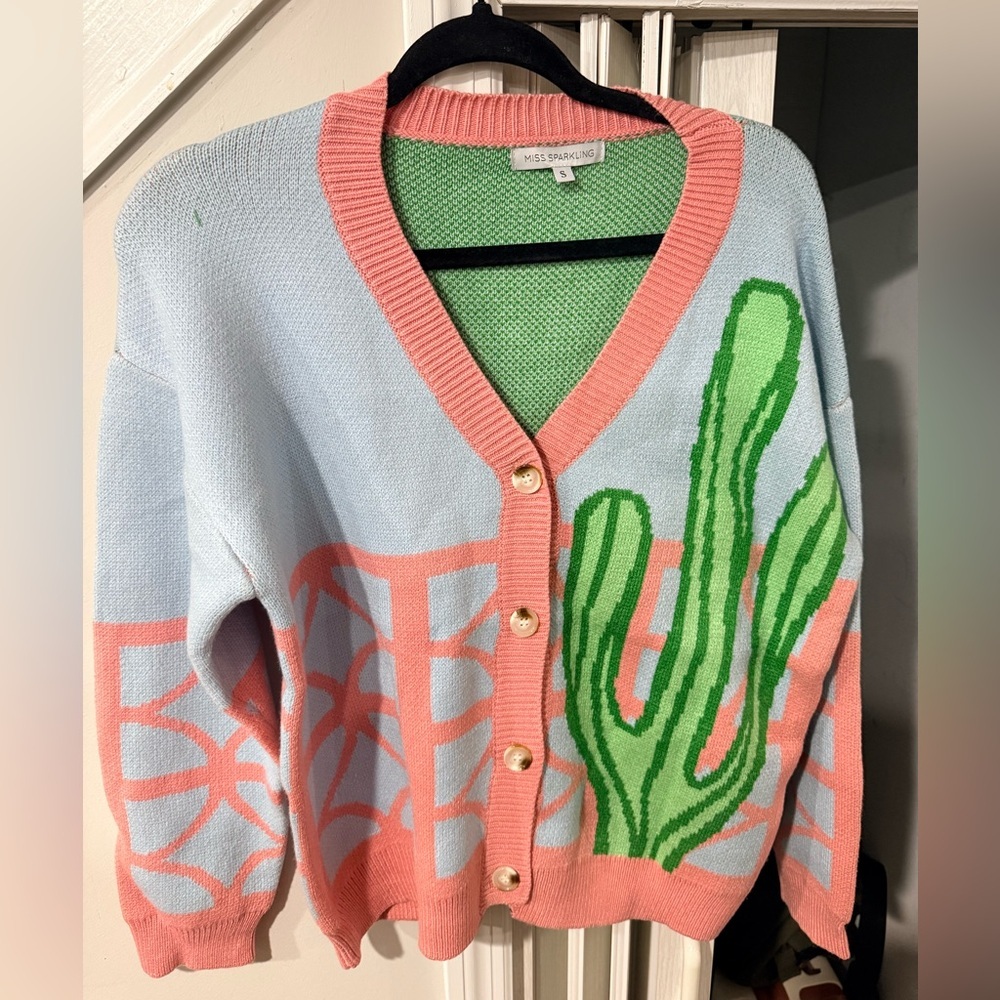 New Miss sparkling  blue cactus cardigan sweater sz S - Picture 2 of 5